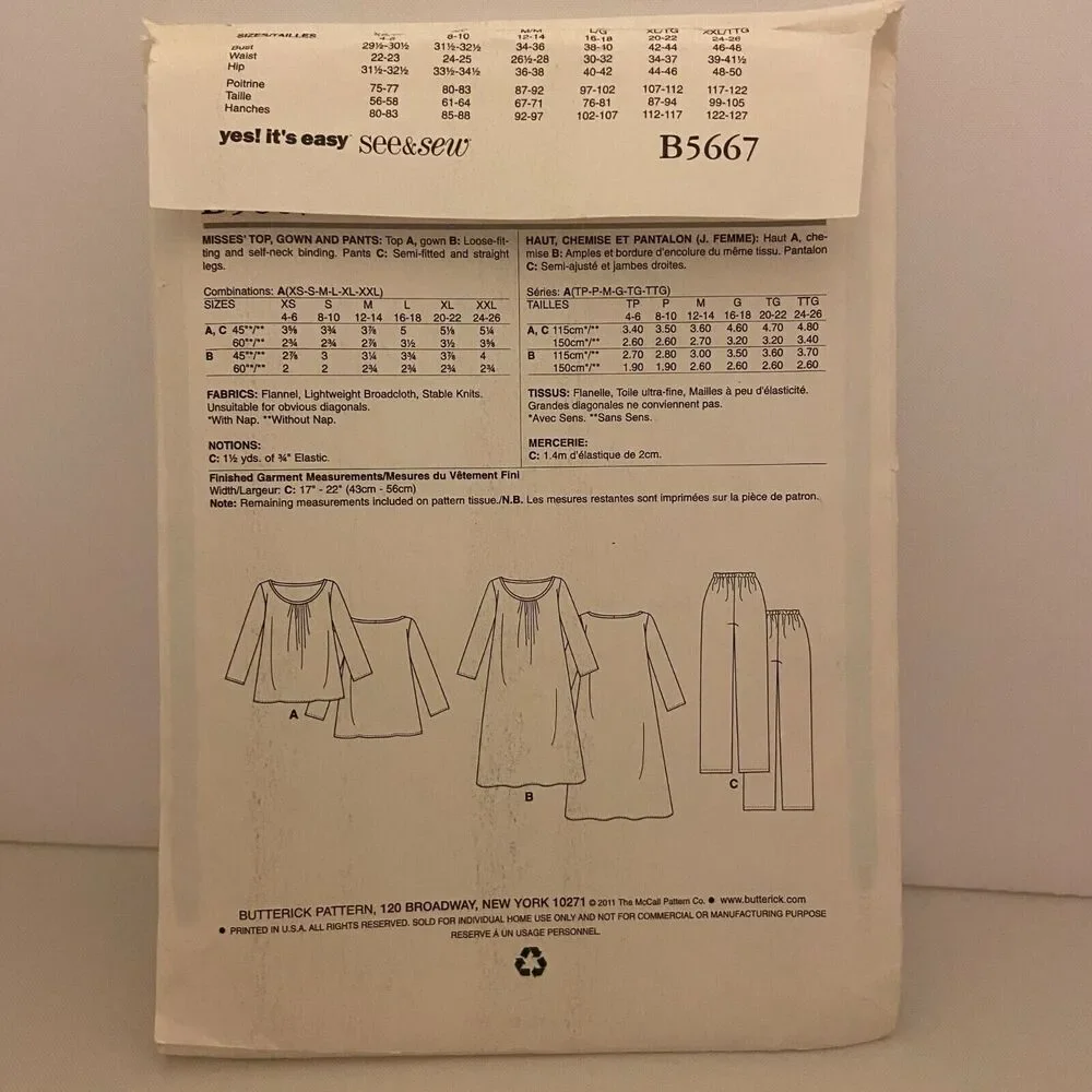 #B5667 See&Sew Misses Top Gown and Pants Sewing Pattern Size XS-2XL